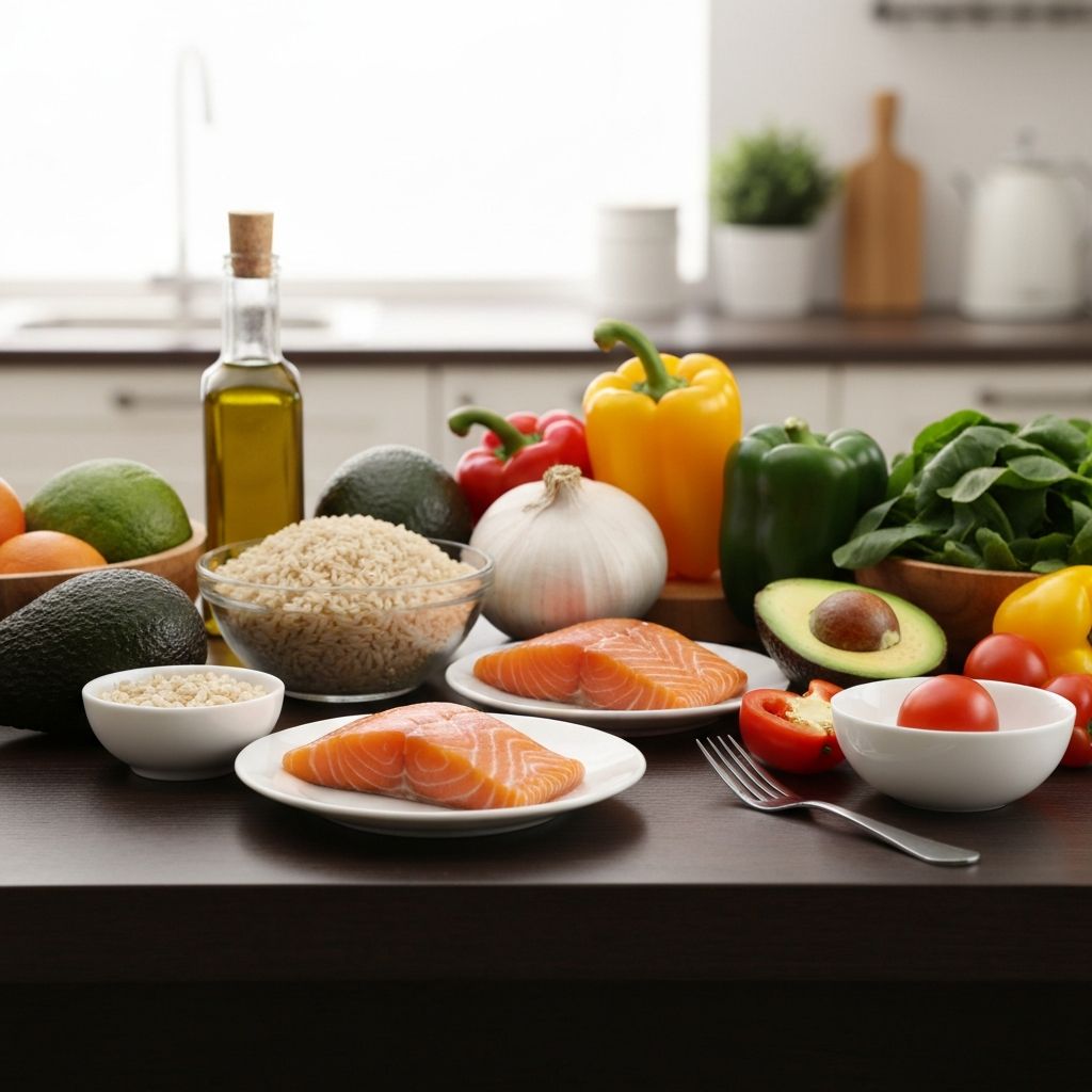 Healthy food composition showing proteins, fats, and carbohydrates